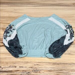 Free People Blue Top with Floral Sleeves
